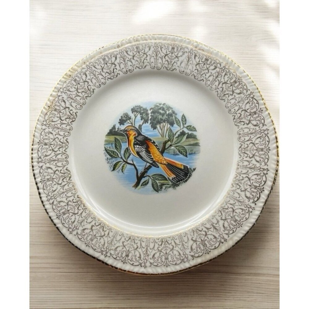 Vtg Homer Laughlin Oriole Plate Decorative China Bird Dish Gold Filigree Rim USA - Picture 4 of 5